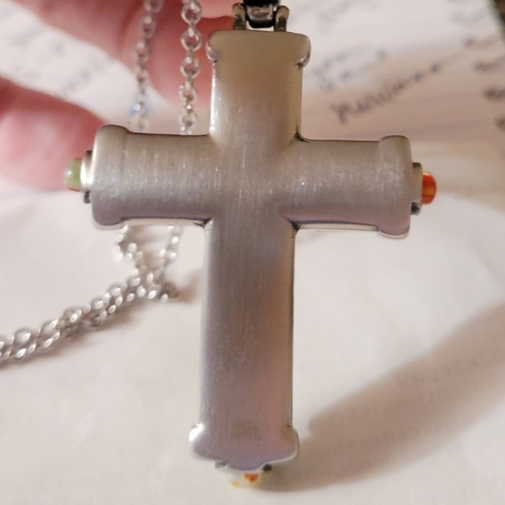 Vintage Byzantine Merano Glass Ant. St. Steel Cross 20"chain (Venace,Italy 🇮🇹) - Picture 3 of 7